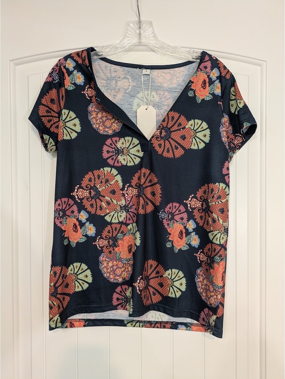 NWT Floral Geometric Deep V‑Neck Shirt — Small